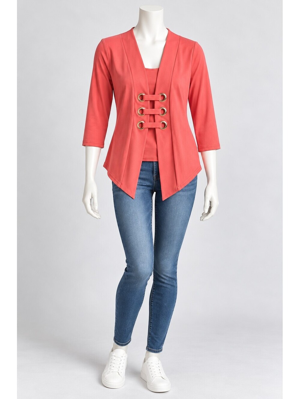 Joseph Ribkoff Coral Pink 3/4 Sleeve Top with Silver Eyelet